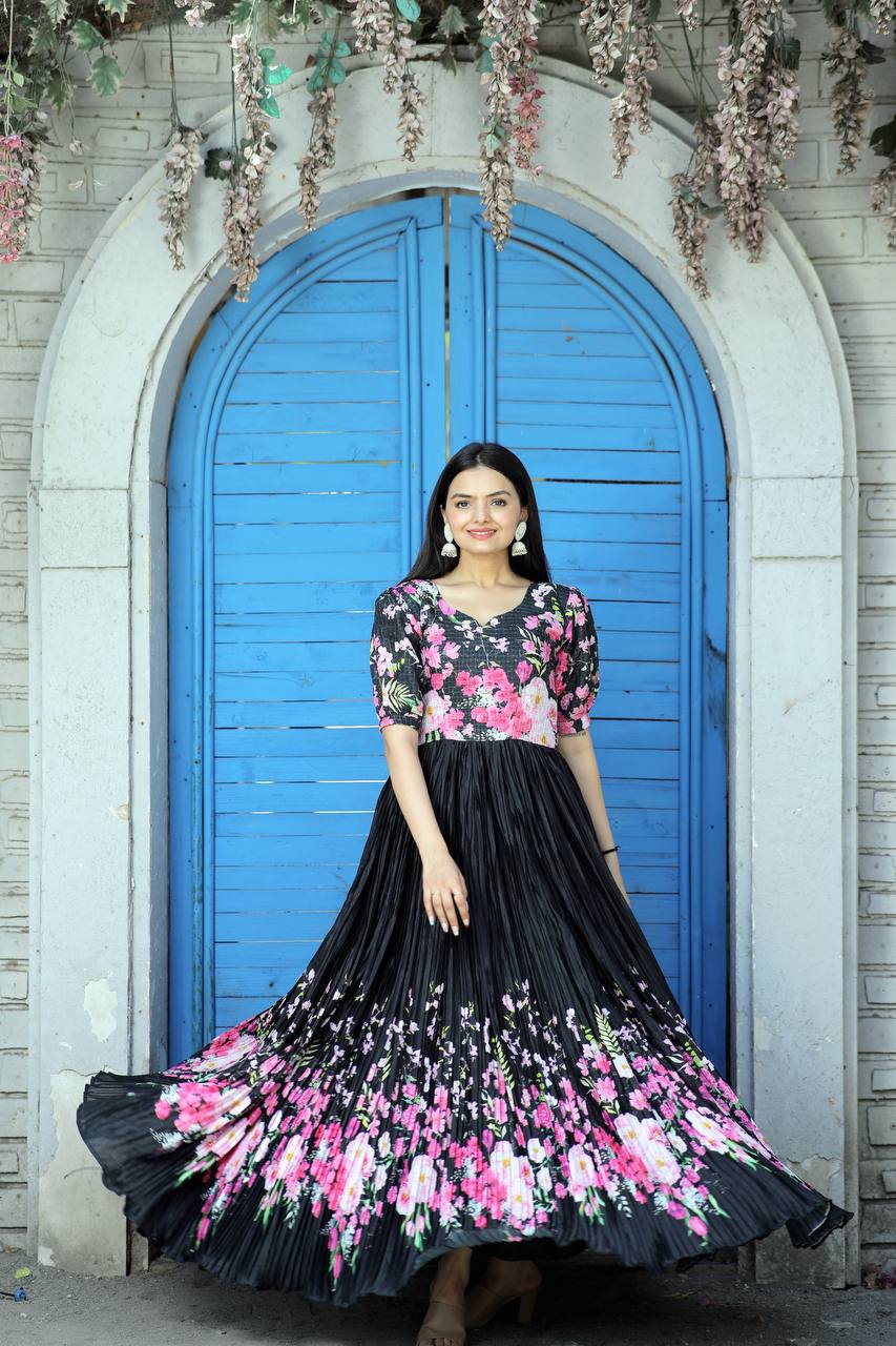 Rich Digital Print Black Color Crush Pleating Gown