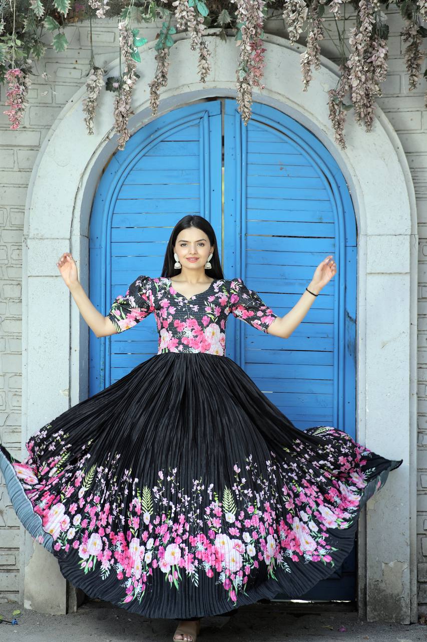 Rich Digital Print Black Color Crush Pleating Gown