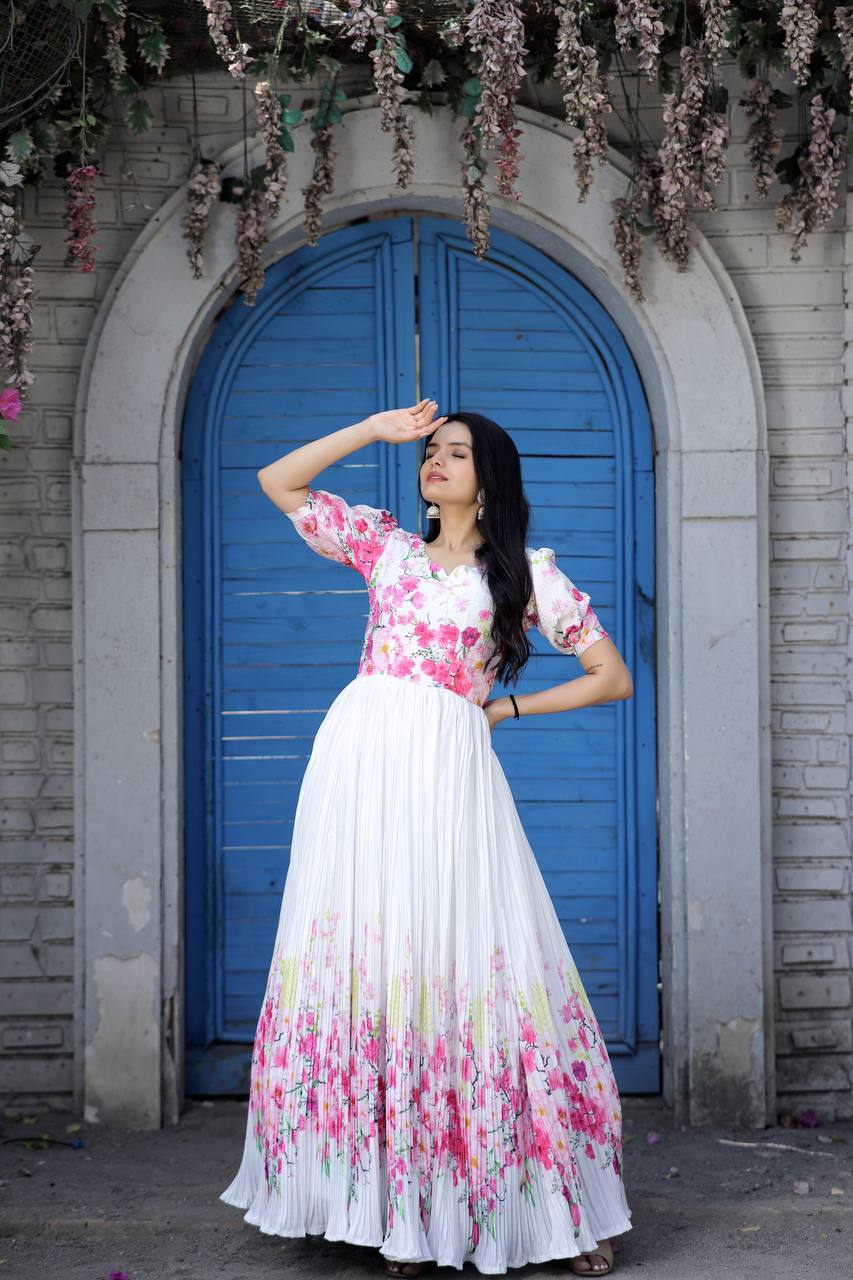 Rich Digital Print White Color Crush Pleating Gown