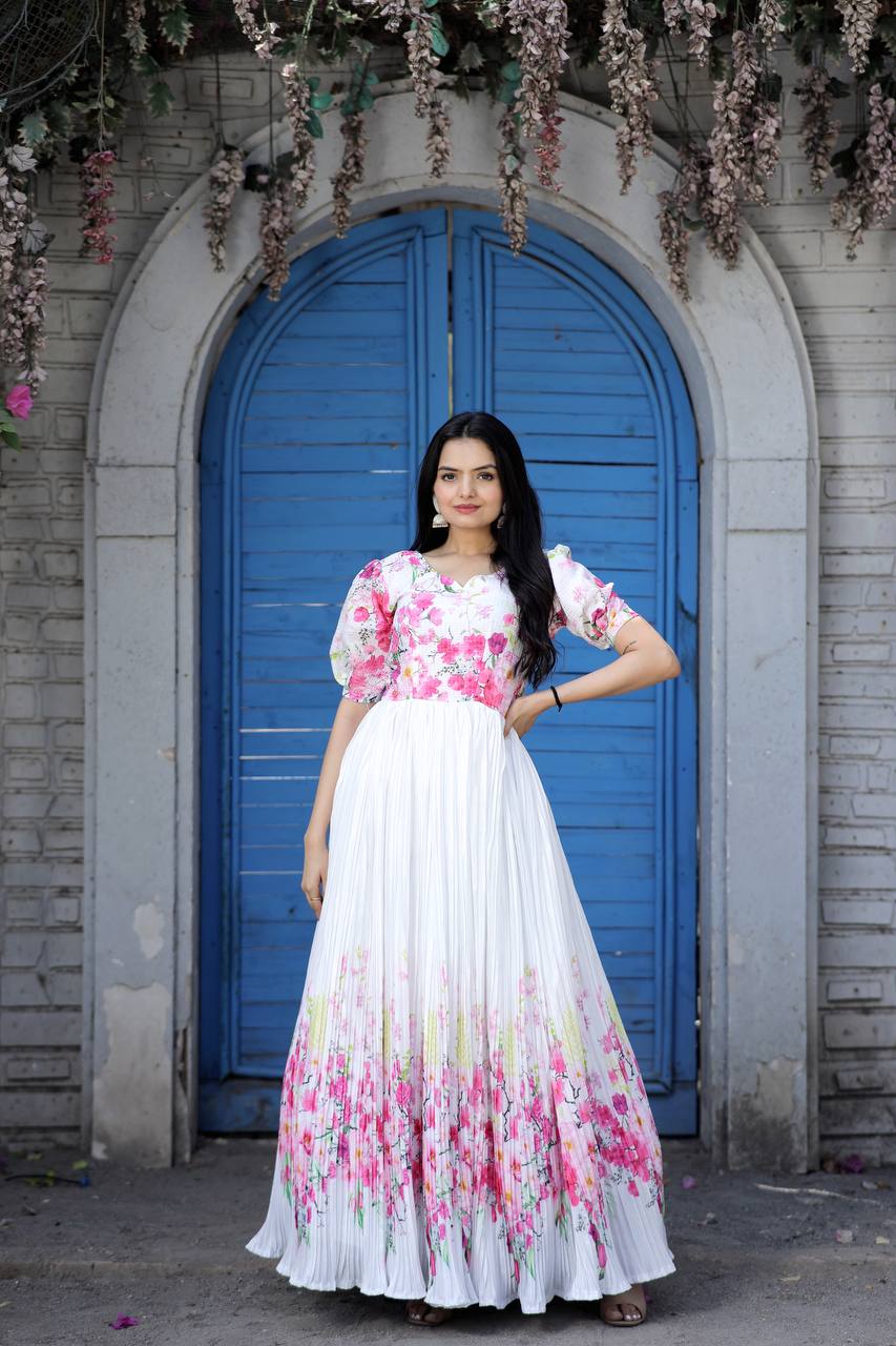 Rich Digital Print White Color Crush Pleating Gown