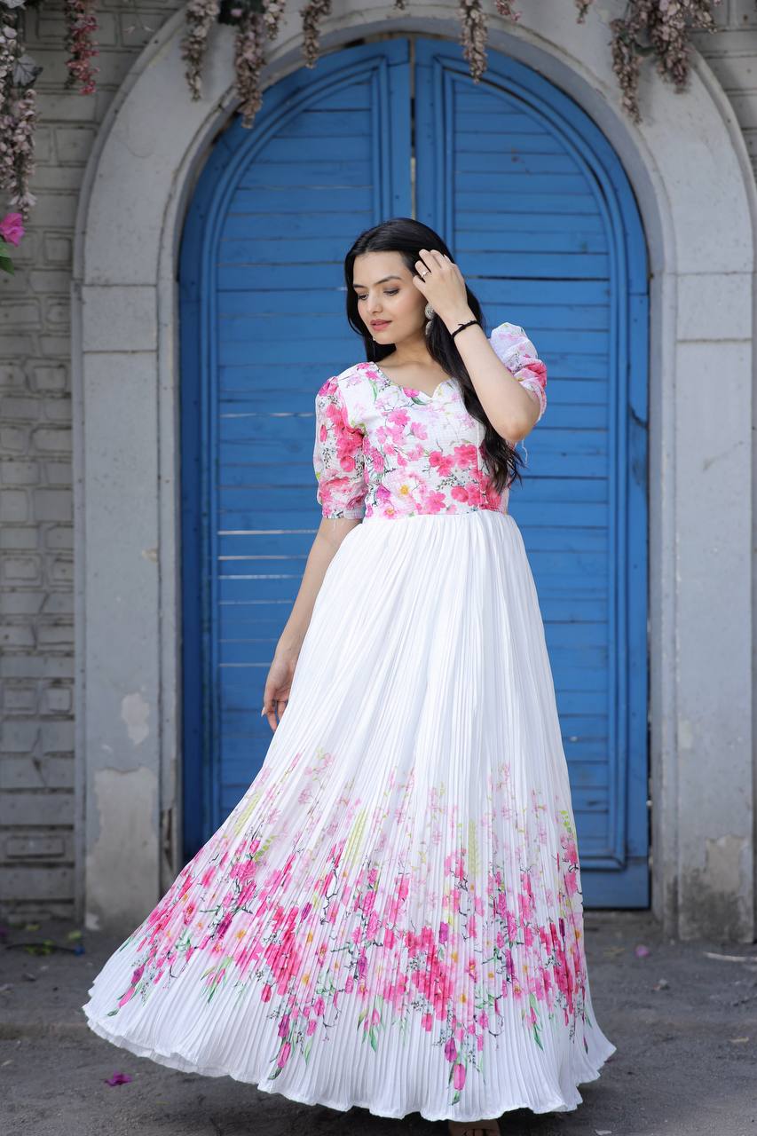 Rich Digital Print White Color Crush Pleating Gown