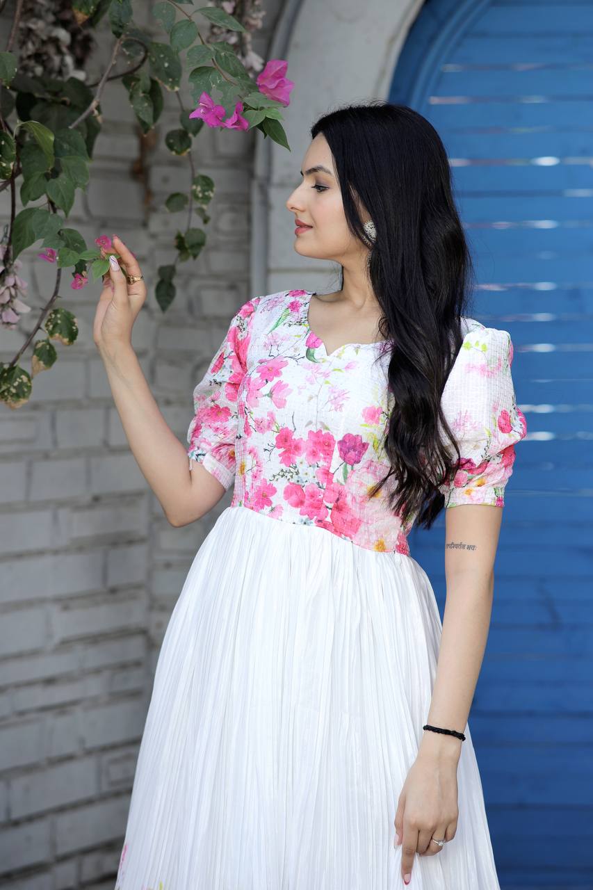 Rich Digital Print White Color Crush Pleating Gown