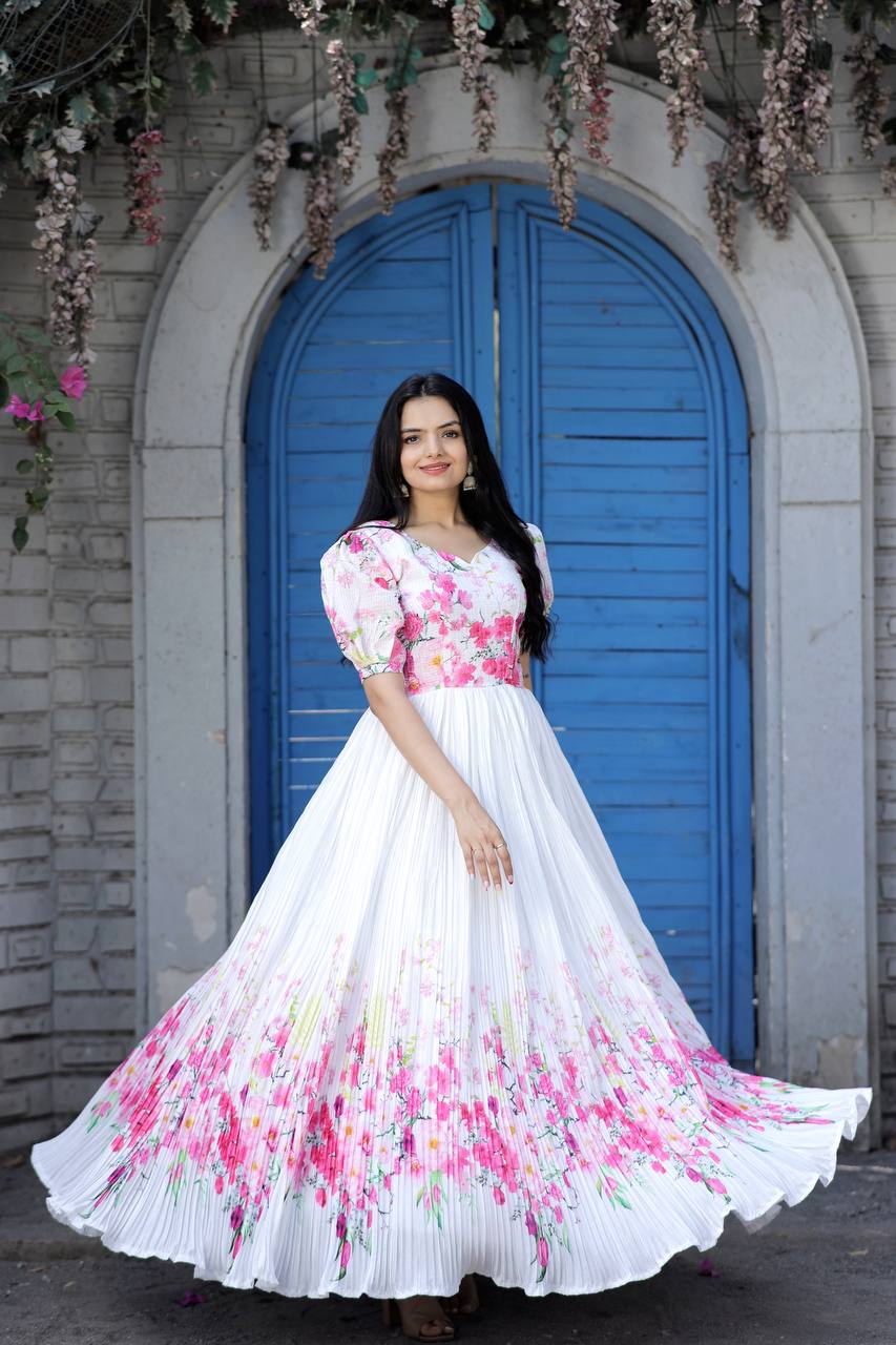 Rich Digital Print White Color Crush Pleating Gown