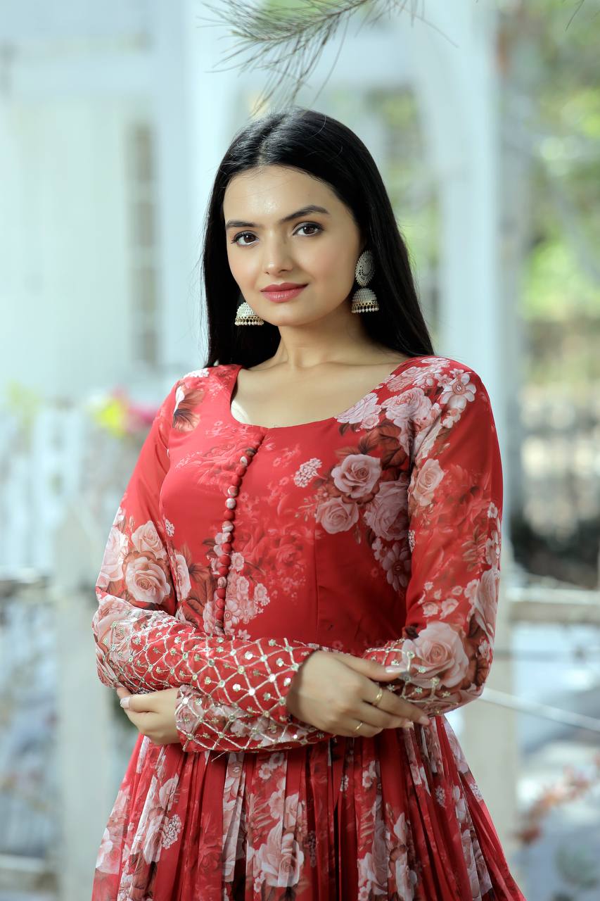 Full Sleeves Sequence Work Red Color Gown