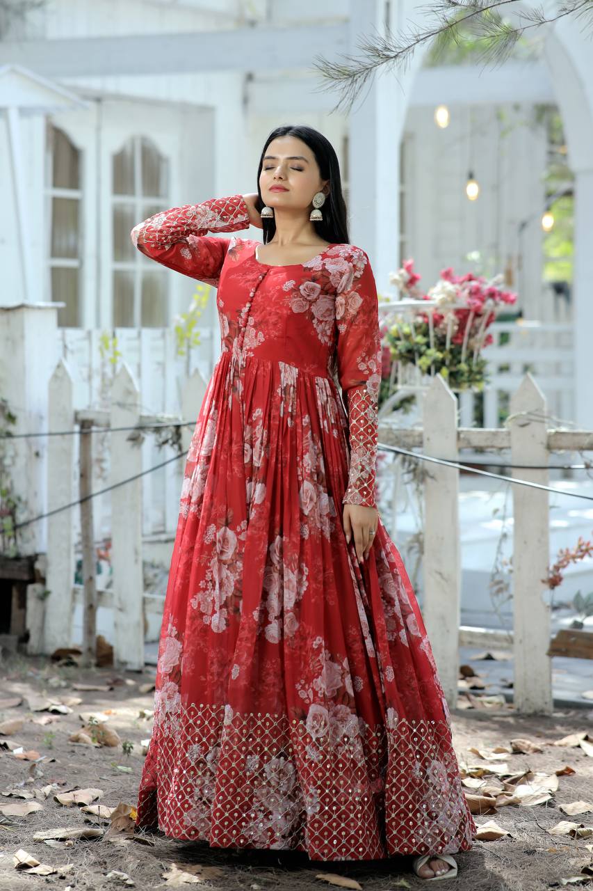 Full Sleeves Sequence Work Red Color Gown