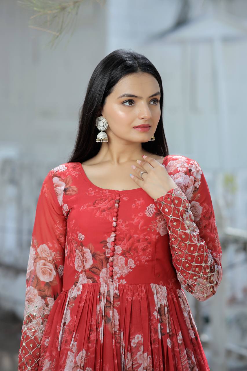 Full Sleeves Sequence Work Red Color Gown