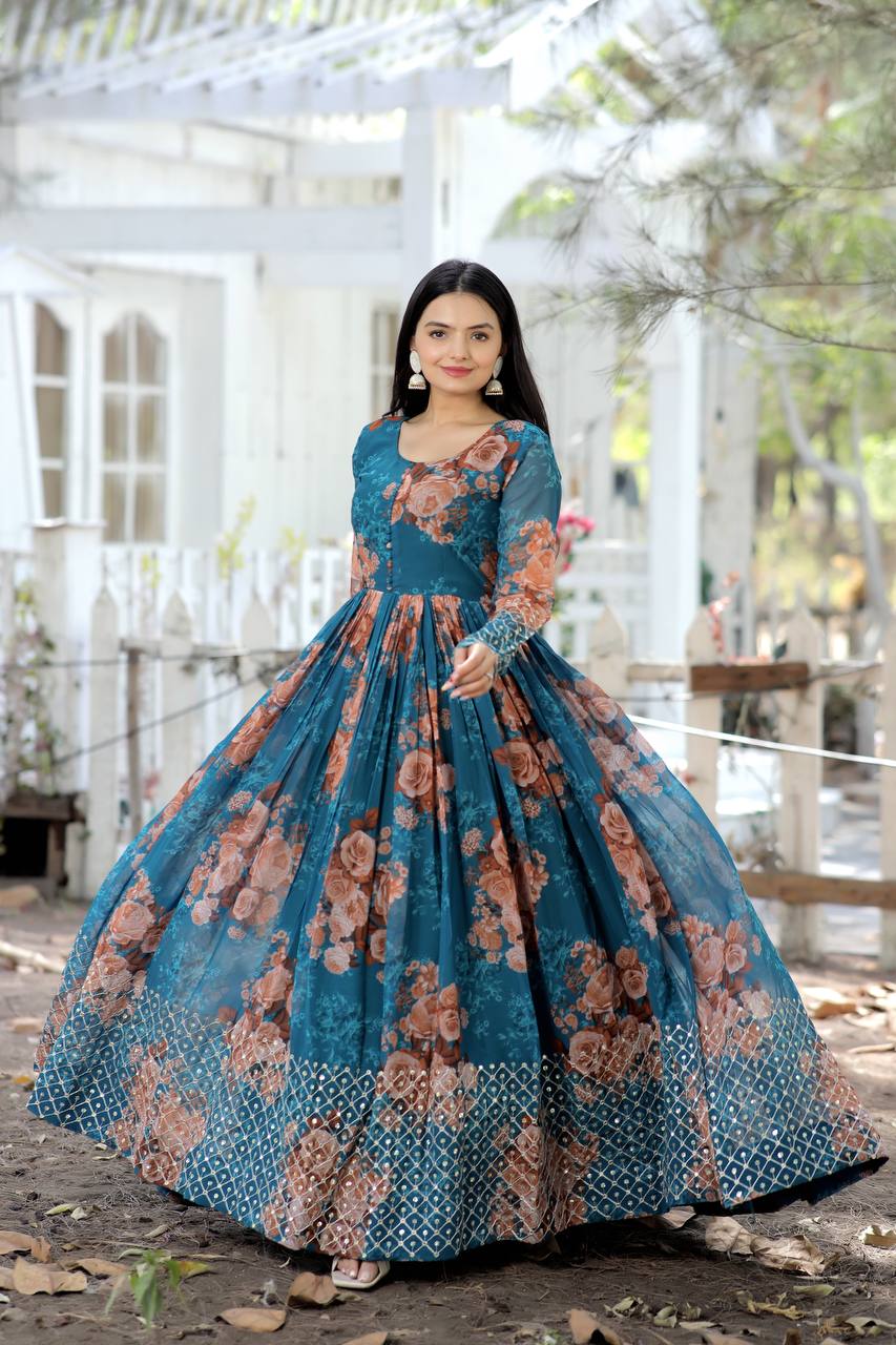 Full Sleeves Sequence Work Teal Blue Color Gown