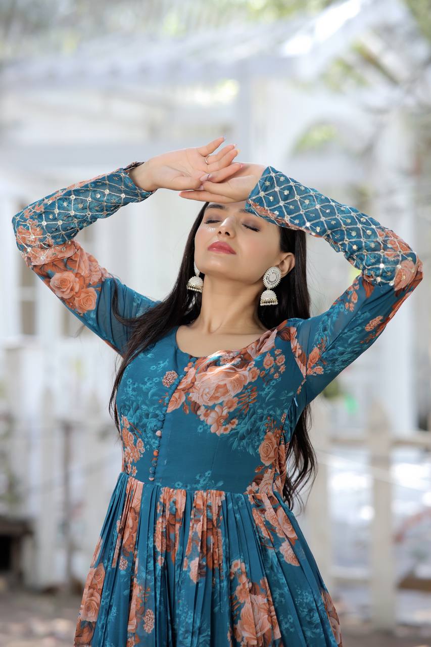 Full Sleeves Sequence Work Teal Blue Color Gown