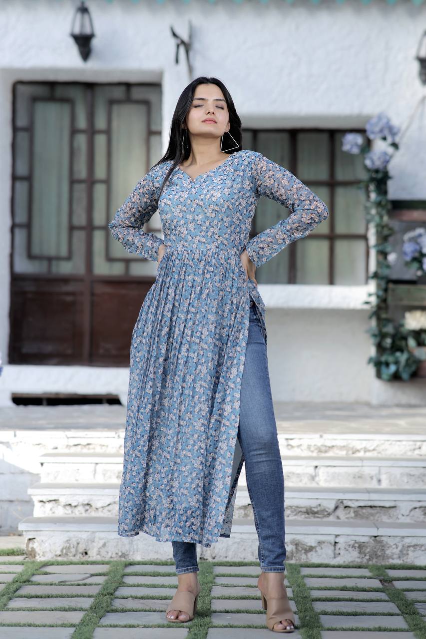 Gray Color Nayra cut Wonderful Kurti