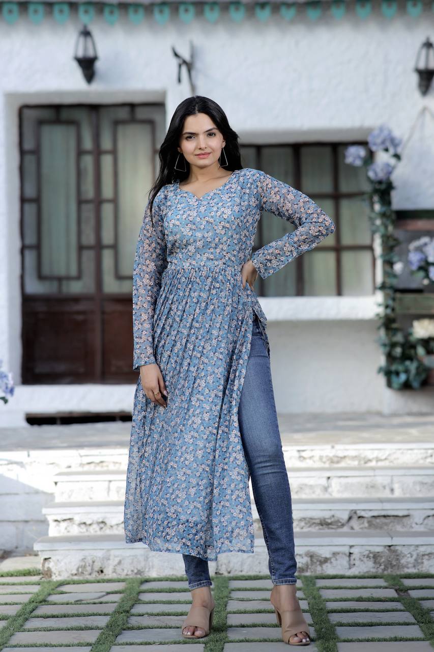 Gray Color Nayra cut Wonderful Kurti