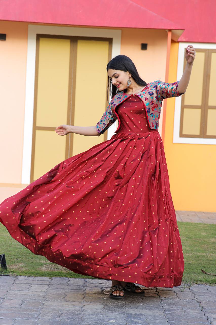 Wedding Wear Maroon Color Koti Pattern Gown