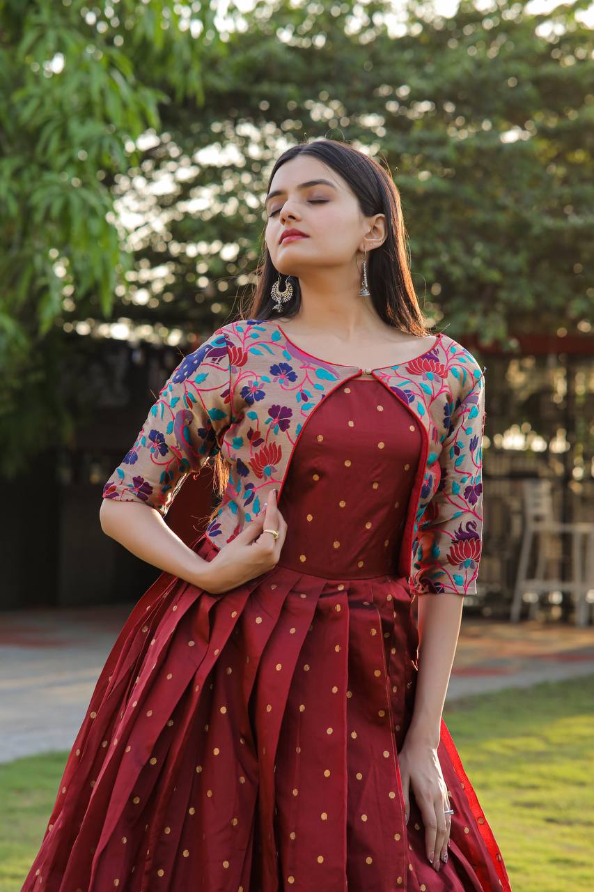 Wedding Wear Maroon Color Koti Pattern Gown