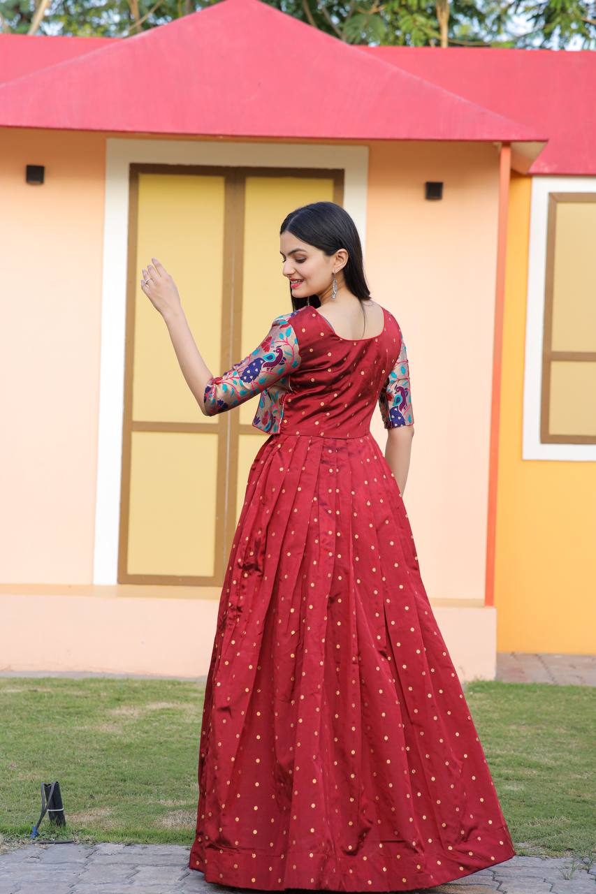Wedding Wear Maroon Color Koti Pattern Gown