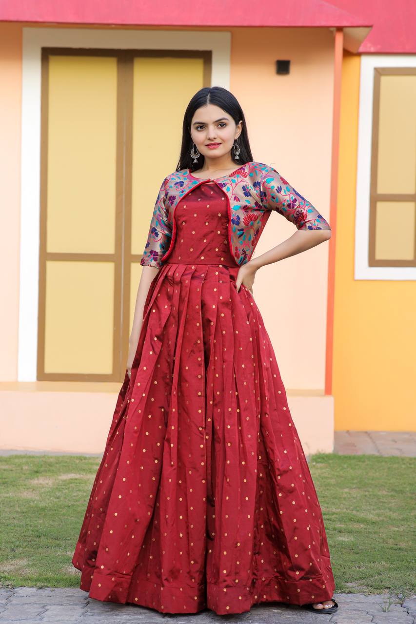 Wedding Wear Maroon Color Koti Pattern Gown