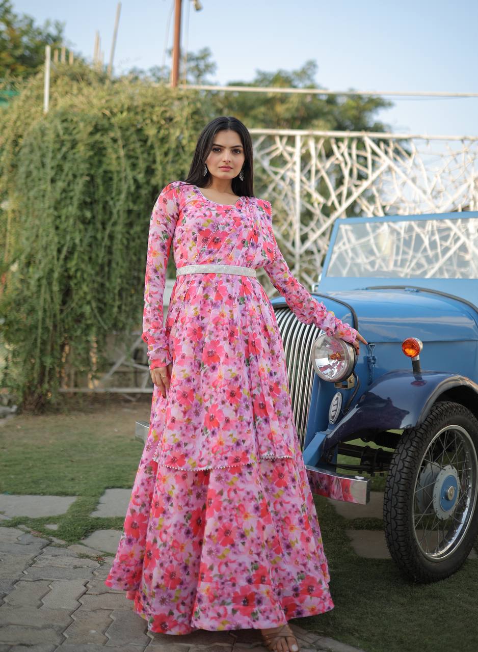 Fairy Look Light Pink Digital Printed Gown With Belt