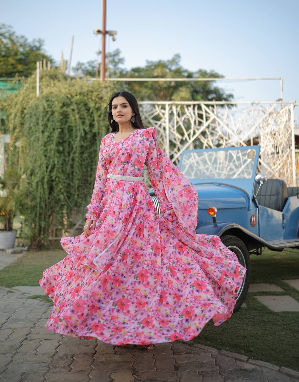Fairy Look Light Pink Digital Printed Gown With Belt