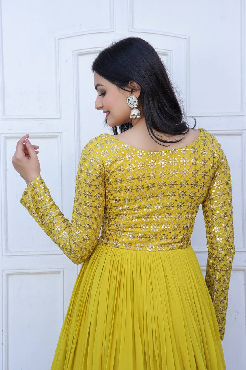 Beautiful Neck pattern Yellow Sequence Work Gown