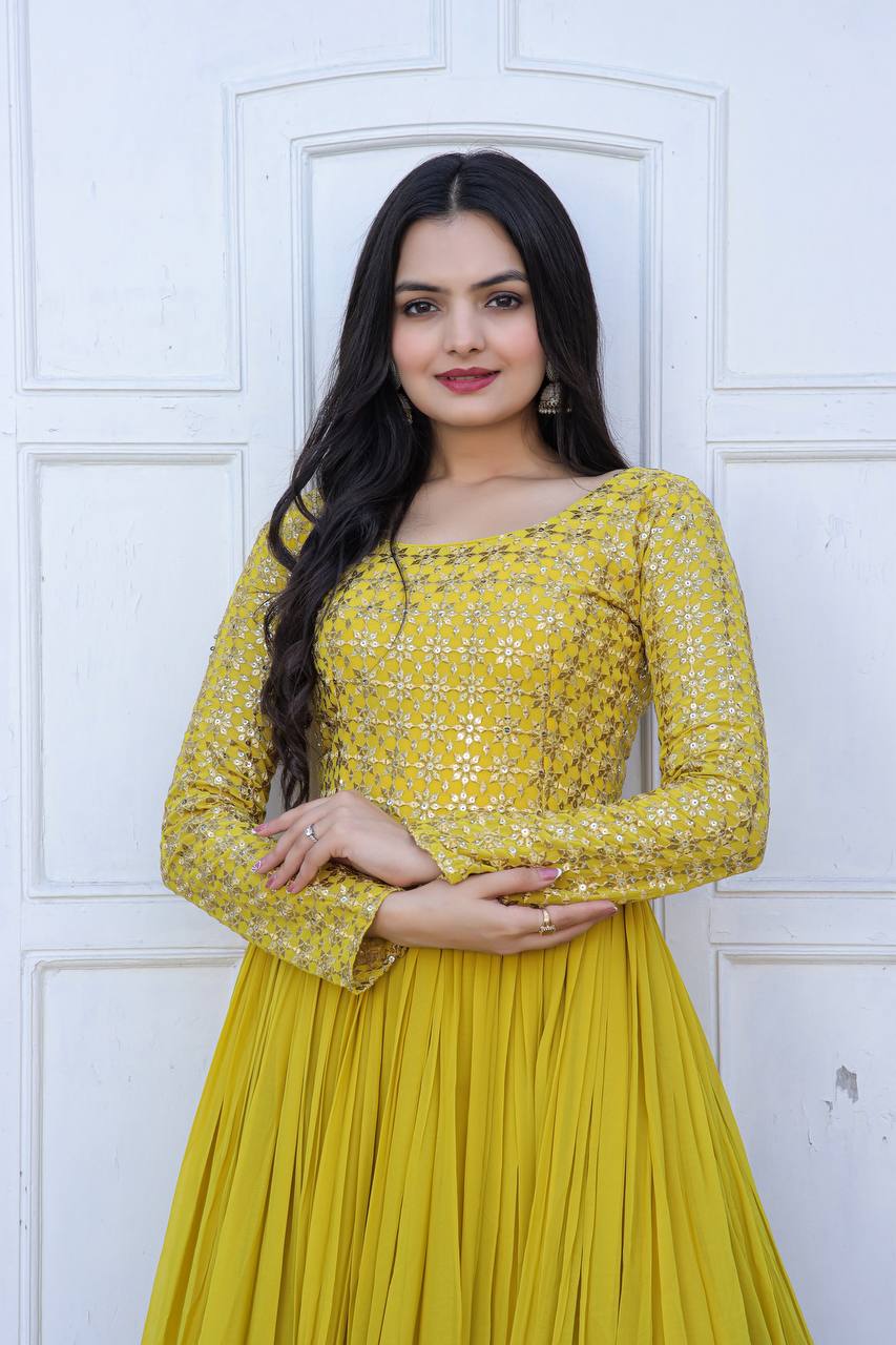 Beautiful Neck pattern Yellow Sequence Work Gown