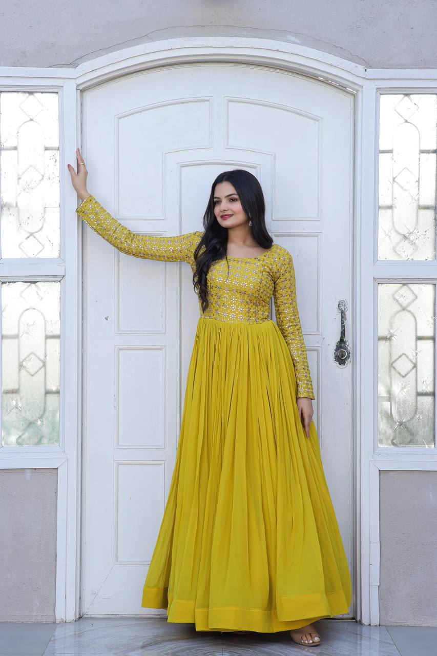 Beautiful Neck pattern Yellow Sequence Work Gown
