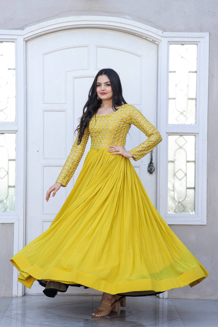 Beautiful Neck pattern Yellow Sequence Work Gown