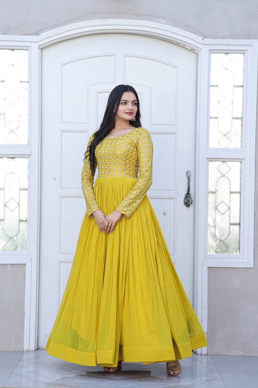 Beautiful Neck pattern Yellow Sequence Work Gown