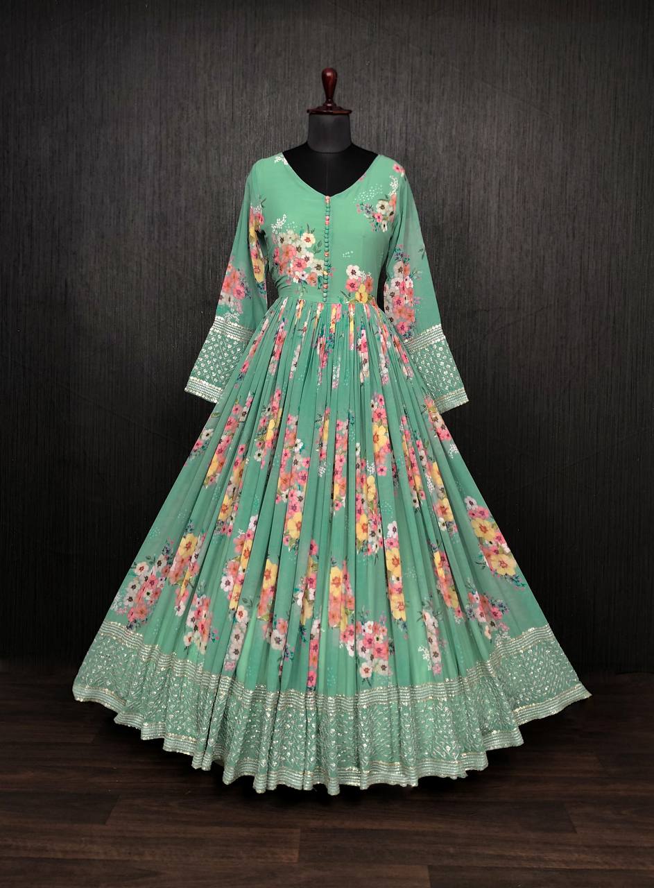 Digital Print Pista Green Color Function Wear Gown