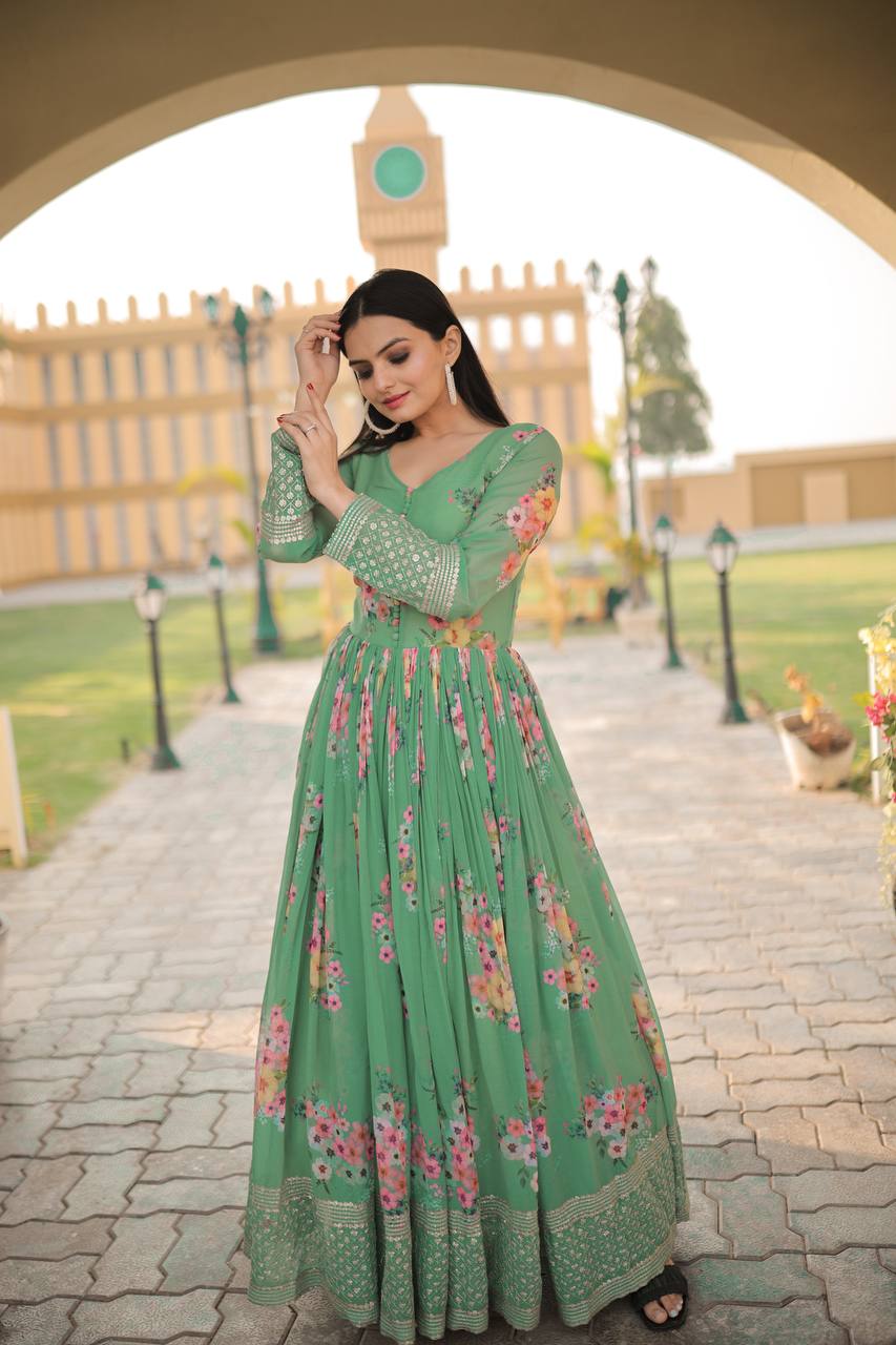 Digital Print Pista Green Color Function Wear Gown