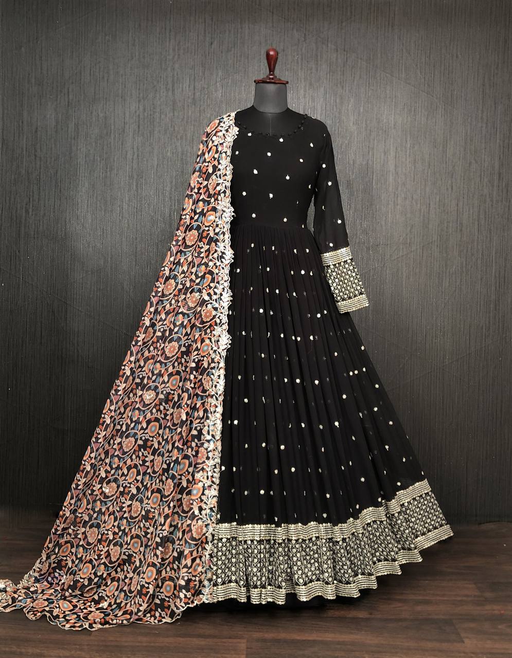 Fantastic Black Color Sequins Work Long Gown