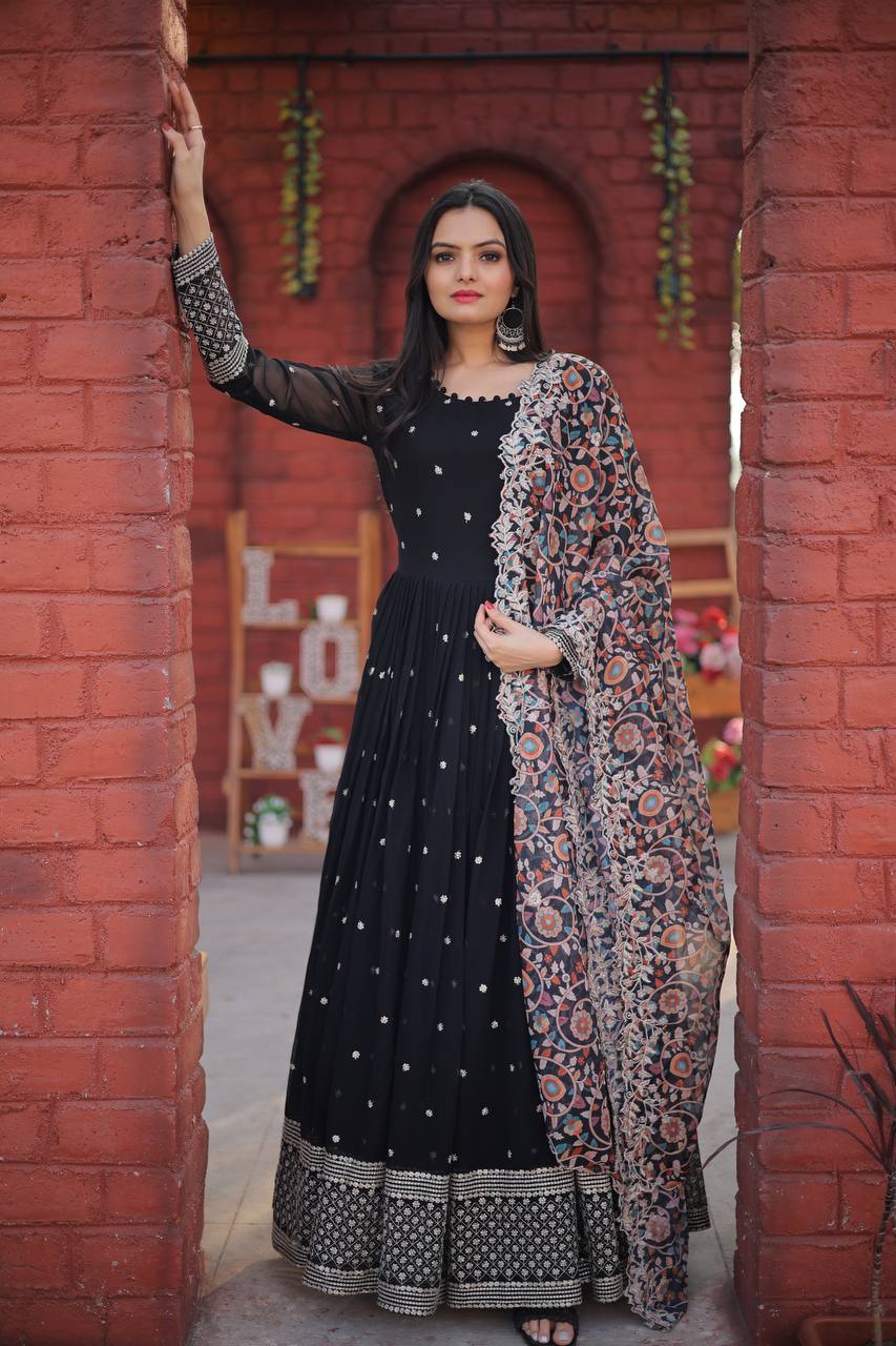 Fantastic Black Color Sequins Work Long Gown