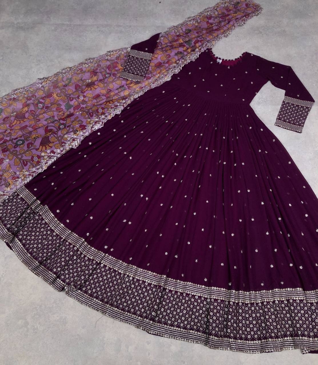 Fantastic Wine Color Sequins Work Long Gown