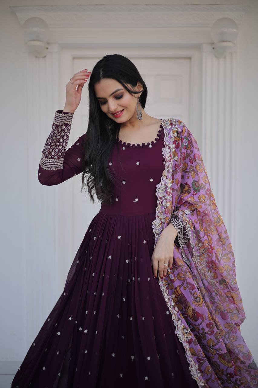 Fantastic Wine Color Sequins Work Long Gown