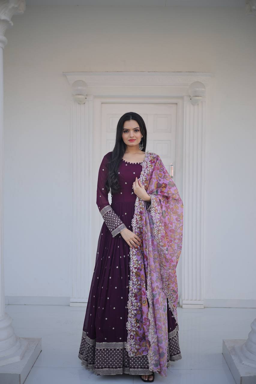 Fantastic Wine Color Sequins Work Long Gown