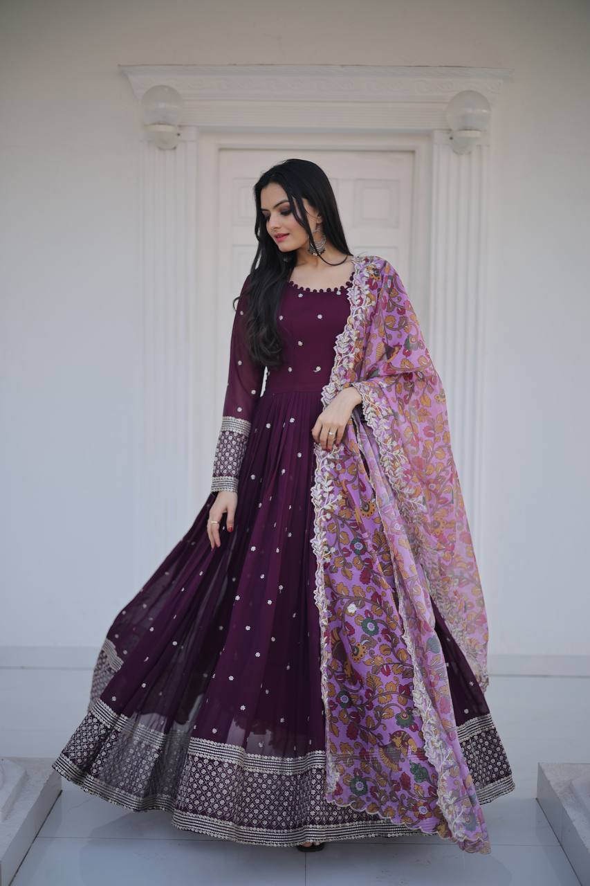 Fantastic Wine Color Sequins Work Long Gown