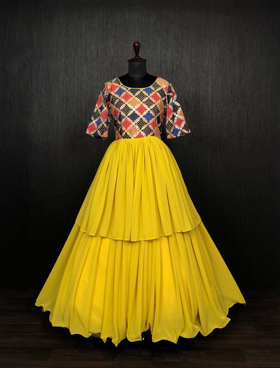 Unique Yellow Color Waist Pleat stitching Gown