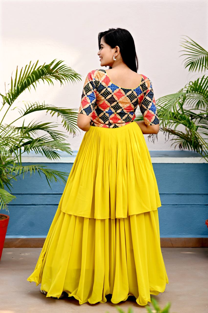 Unique Yellow Color Waist Pleat stitching Gown