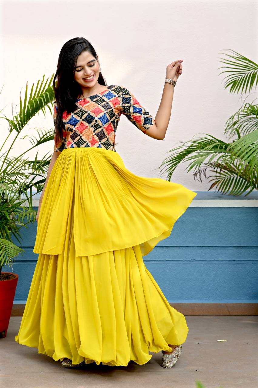 Unique Yellow Color Waist Pleat stitching Gown