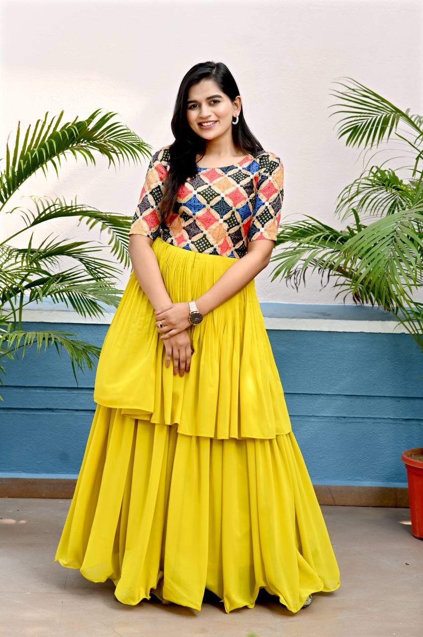 Unique Yellow Color Waist Pleat stitching Gown