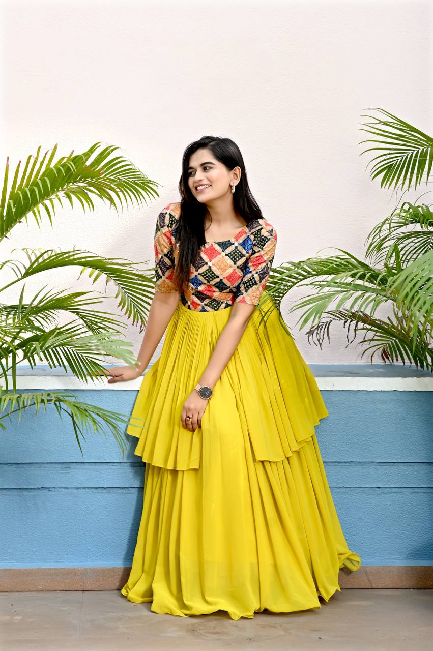Unique Yellow Color Waist Pleat stitching Gown