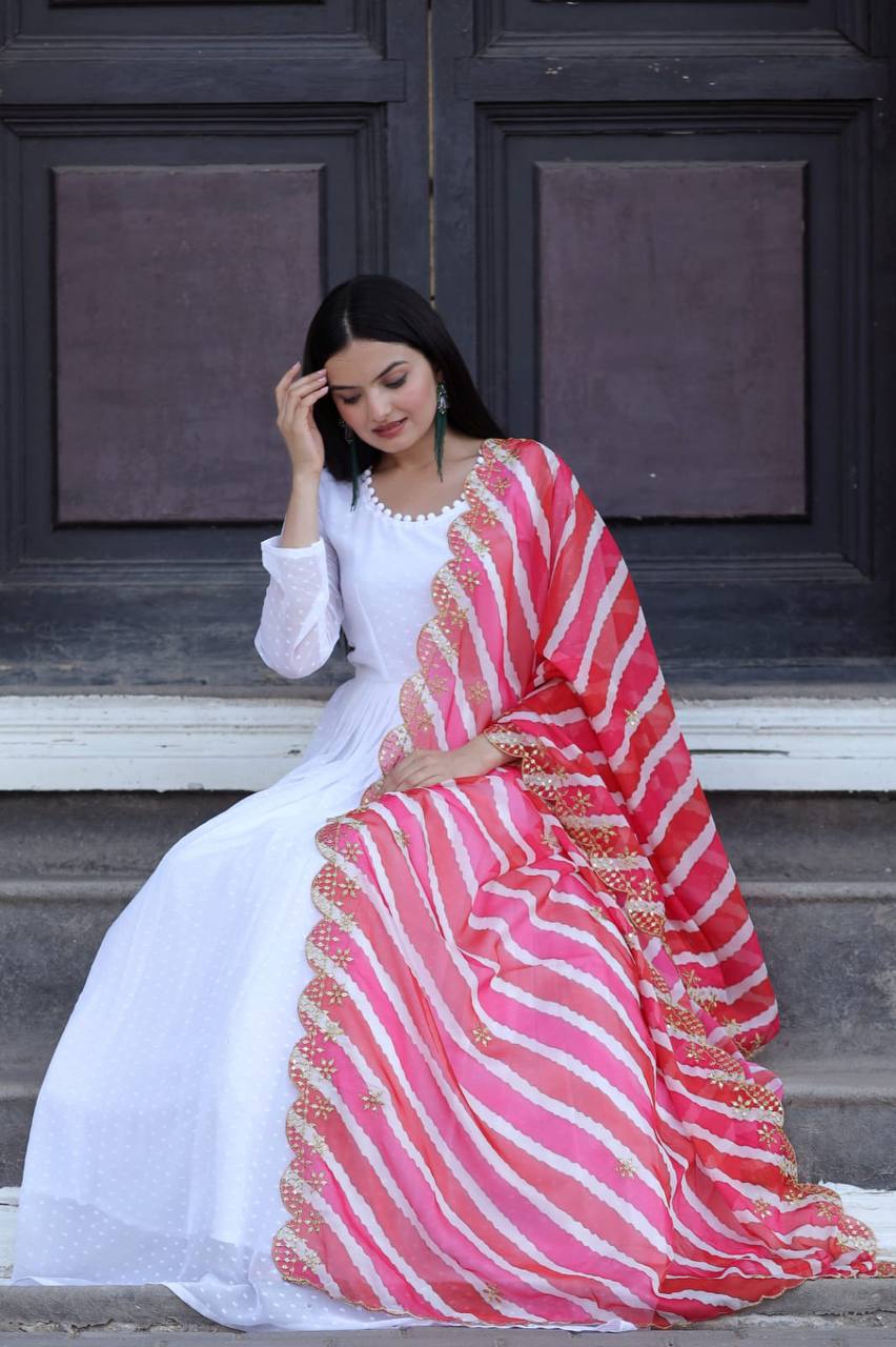 Pretty White Gown With Pink Organza Dupatta
