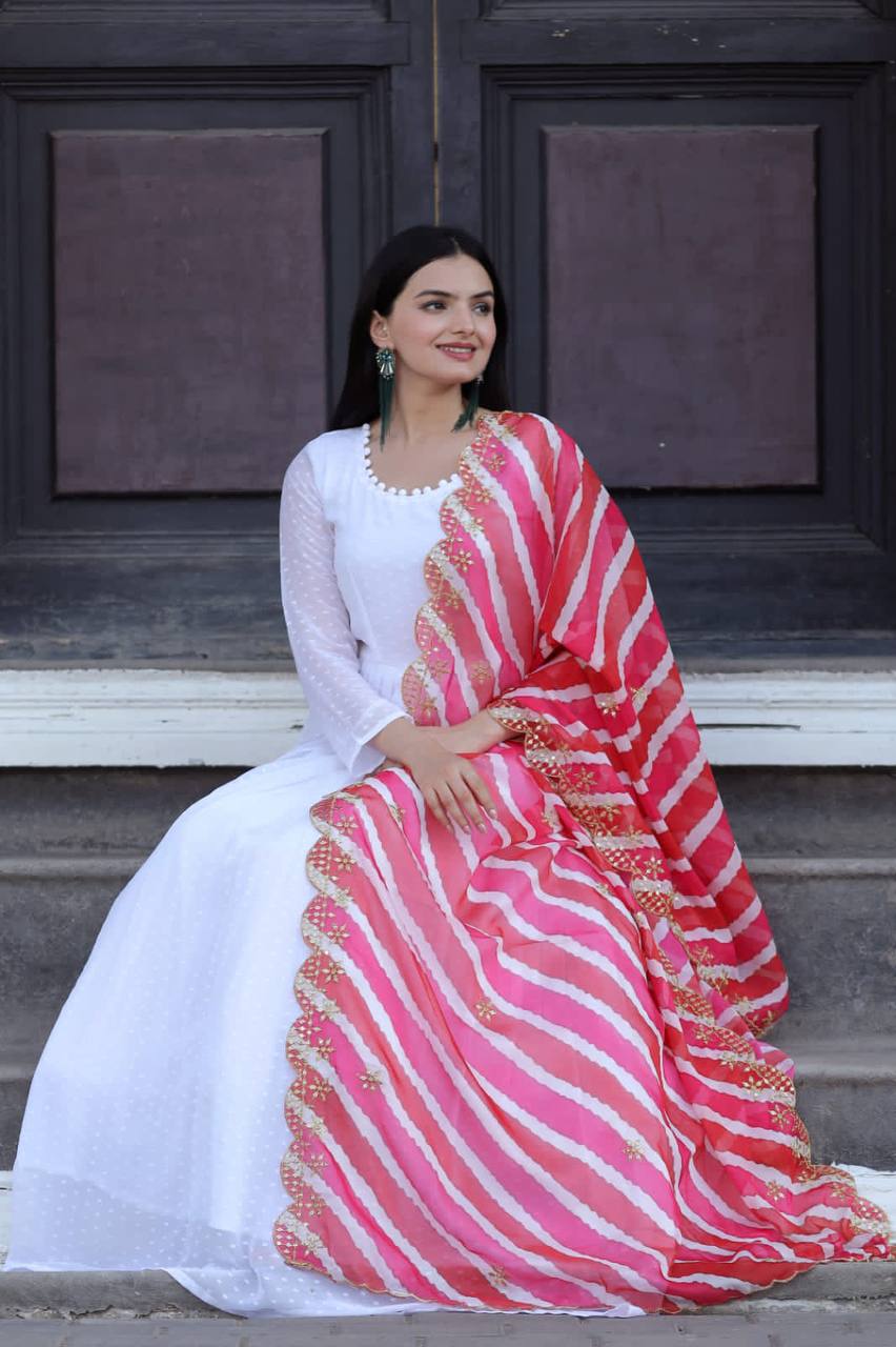 Pretty White Gown With Pink Organza Dupatta