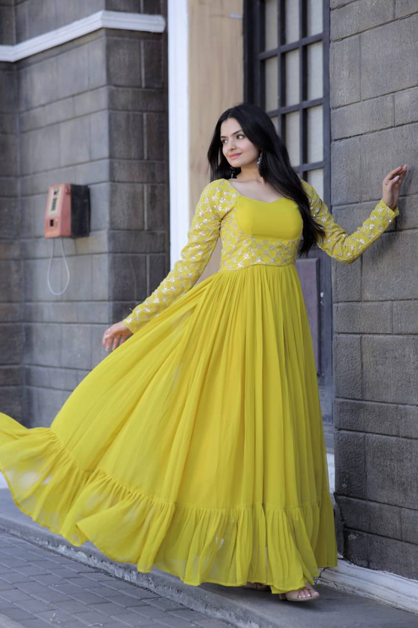 Wedding Wear Yellow Color Embroidered Work Gown