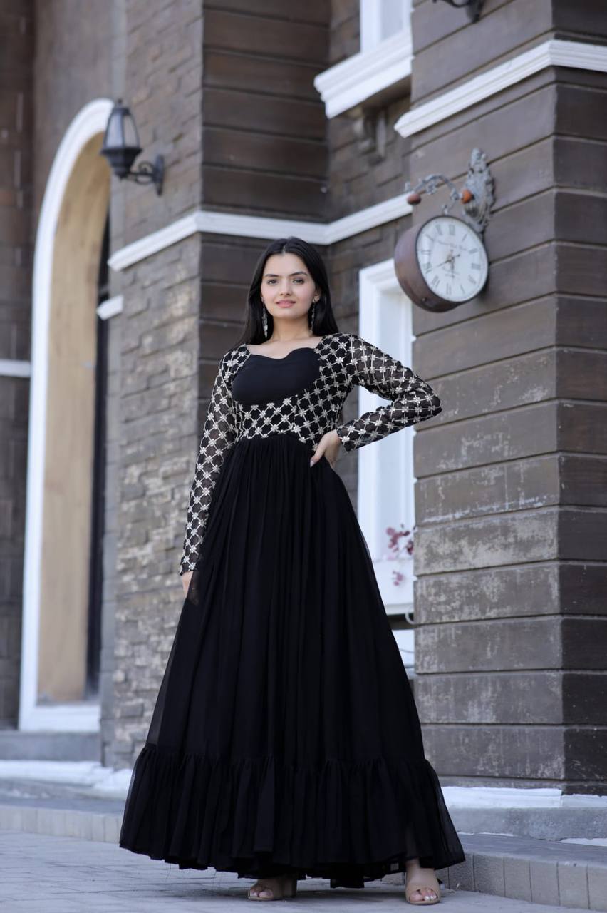 Wedding Wear Black Color Embroidered Work Gown
