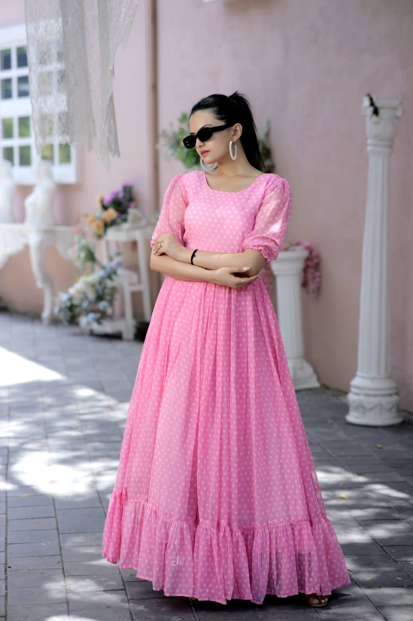 Polka Dot Printed Work Light Pink Color Gown