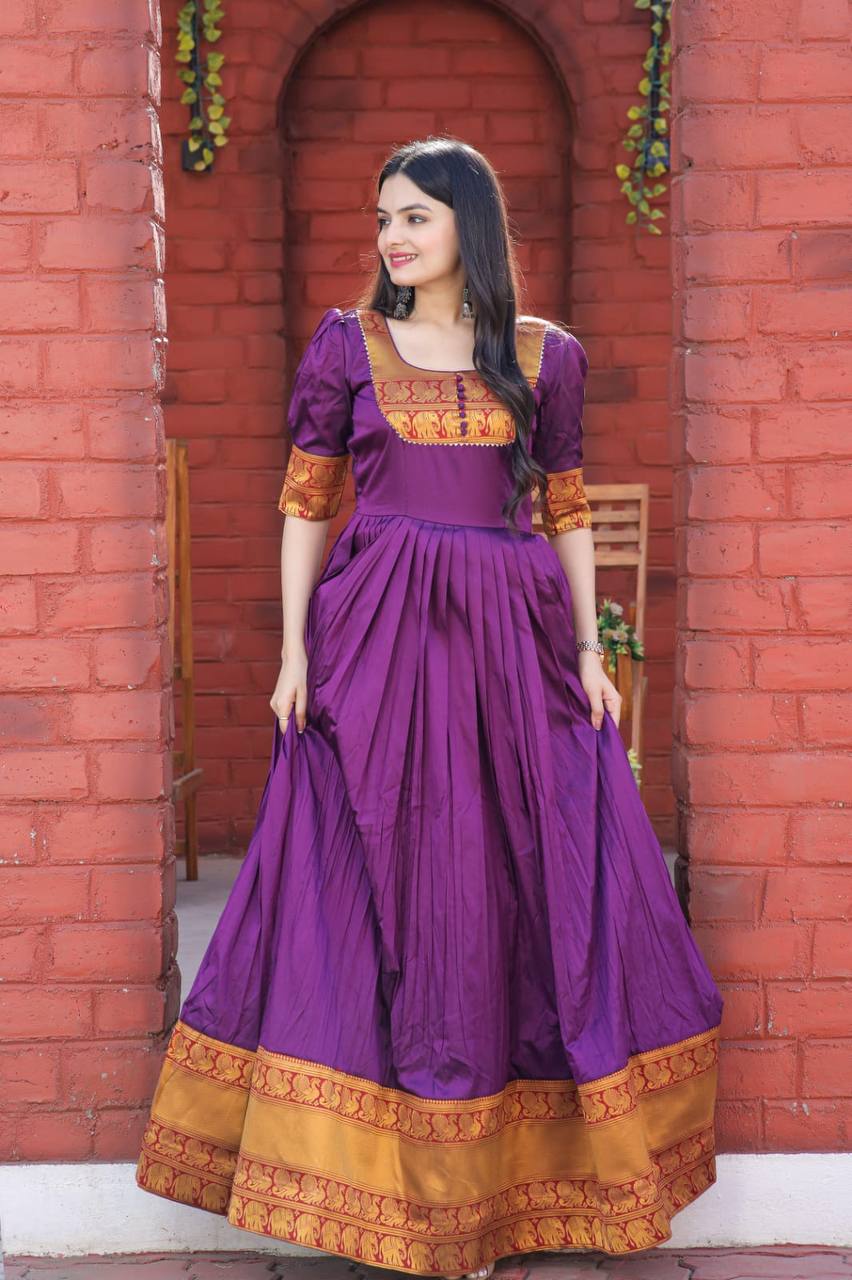Fancy Round Neck Purple Color Long Gown