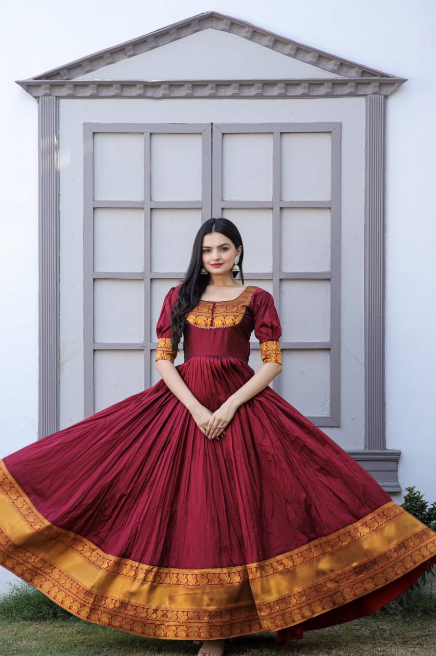 Mother-Daughter Maroon Color Beautiful Work Gown