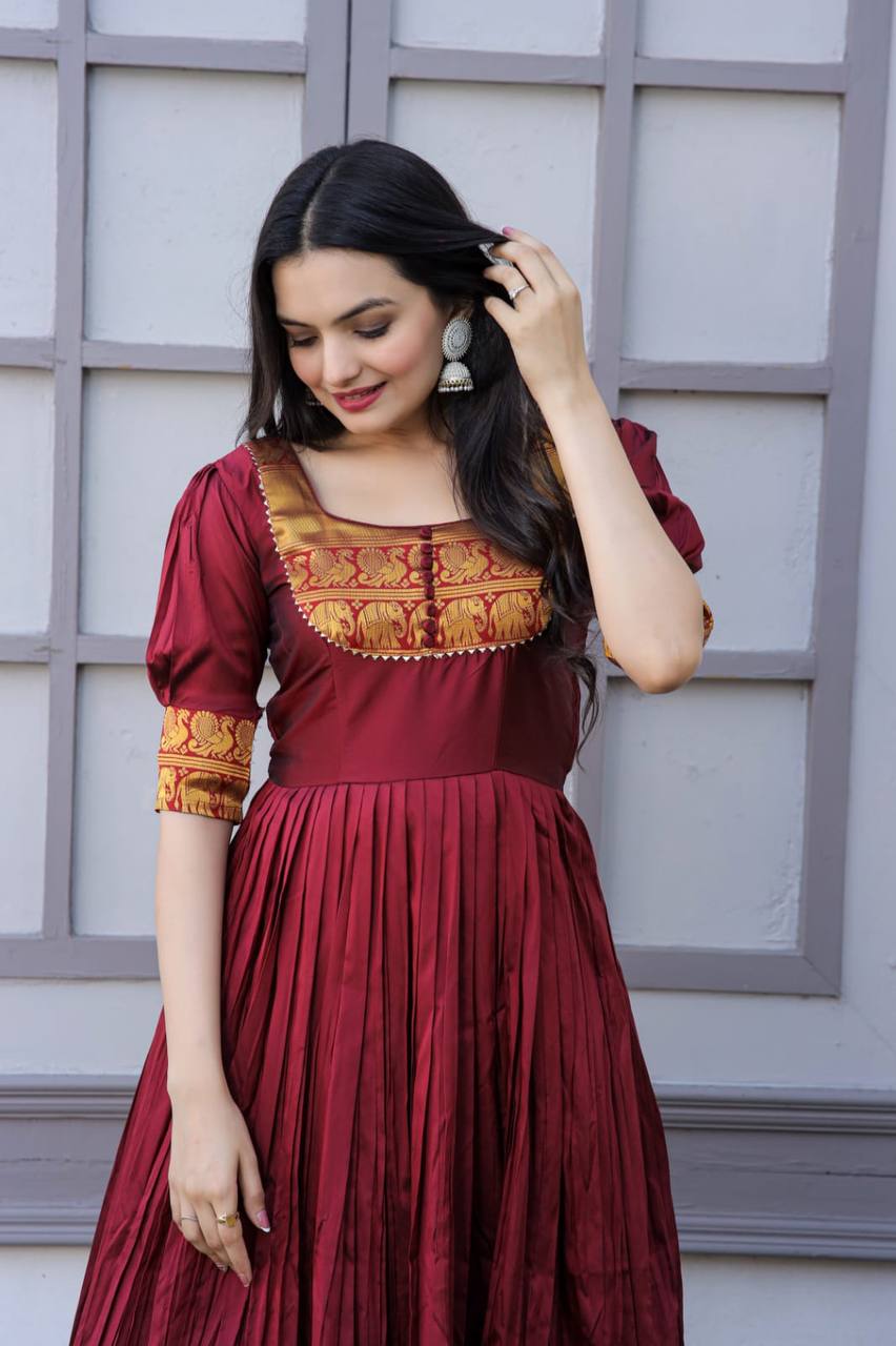 Fancy Round Neck Maroon Color Long Gown