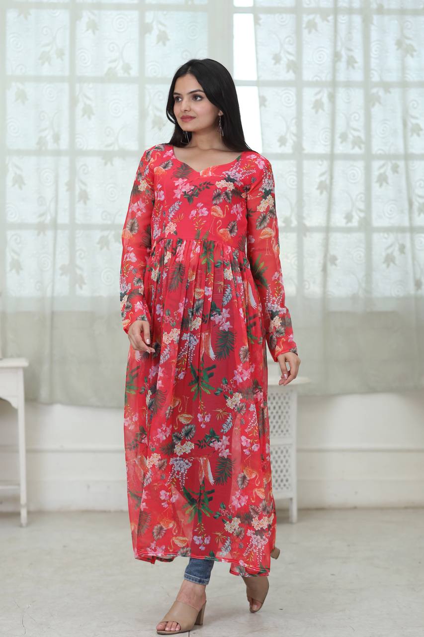 Casual Wear Digital Print Red Color Kurti