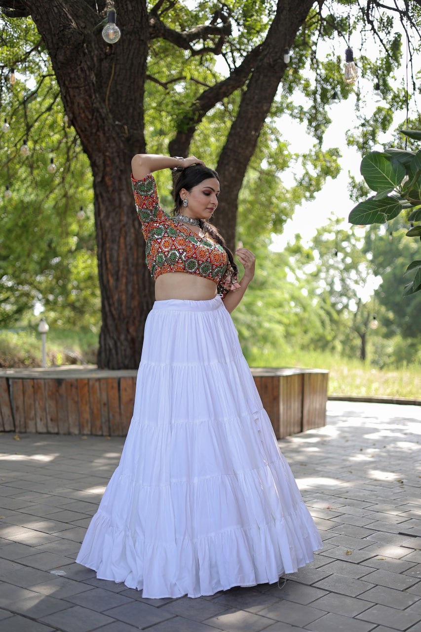 Beautiful Work Blouse With White Ruffle Style Lehenga
