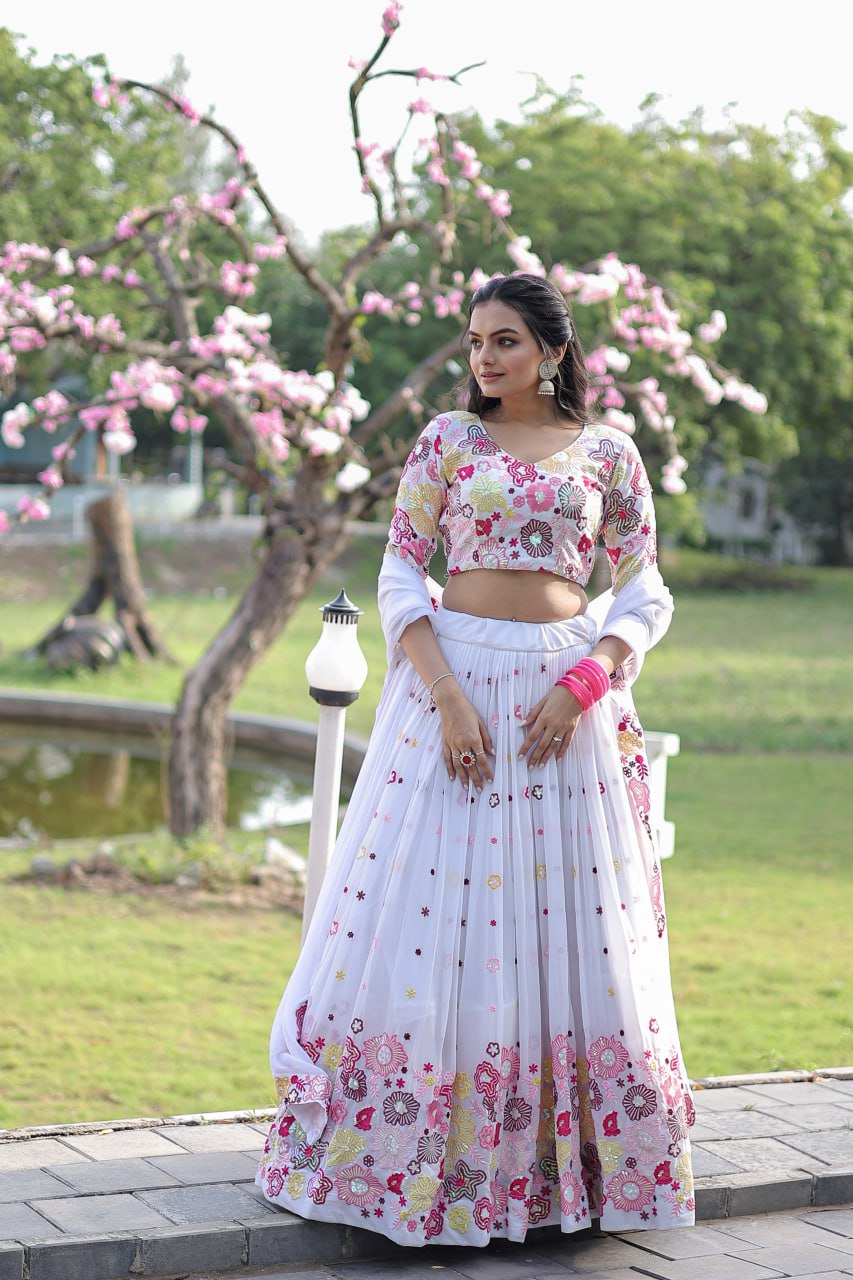 Reception Wear Embroidered Work White Color Lehenga Choli
