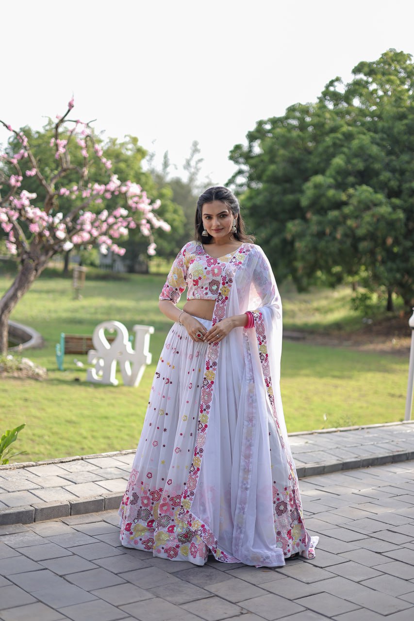Reception Wear Embroidered Work White Color Lehenga Choli